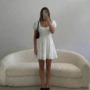 Liberty Love White Smocked Puff Sleeve Tiered Mini Dress